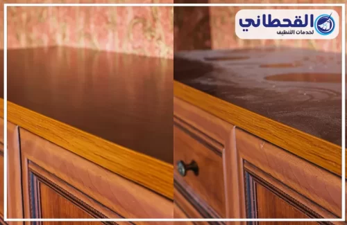 شركة تنظيف شقق شمال الرياض 0548145142 القحطاني الصورة تظهر الفرق بين سطح الخشب قبل وبعد تنظيفه، حيث كان مغلفًا بالغبار ثم أصبح لامعًا ونظيفًا.