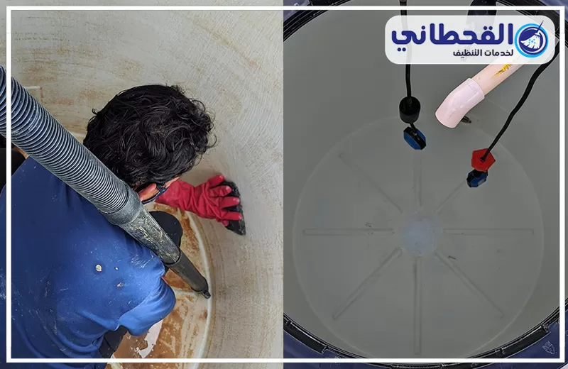 شركة القحطاني لخدمات تنظيف وتعقيم الخزانات بالقطيف 0548145142 عامل شركة القحطاني يفحص خزان مياه قبل التنظيف بالقطيف لضمان إزالة الشوائب والروائح بدقة كاملة