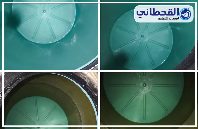 تنظيف خزانات الفيبر جلاس بالظهر 0548145142 شركة القحطاني توضح الصورة خزان مياه بعد التنظيف، مع ظهور القاعدة والجدران الداخلية خالية من الرواسب والأوساخ من عدة زوايا.